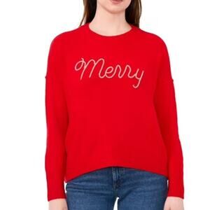 Vince Camuto Red "Merry" Beaded Fuzzy Oversized Sweater